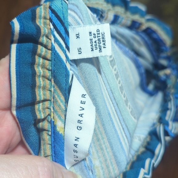 Susan Graver Blue and White Liquid Knit peasant Tie Front Blouse Sz XL - Picture 6 of 8